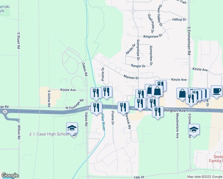 map of restaurants, bars, coffee shops, grocery stores, and more near 1111 Prairie Drive in Mount Pleasant