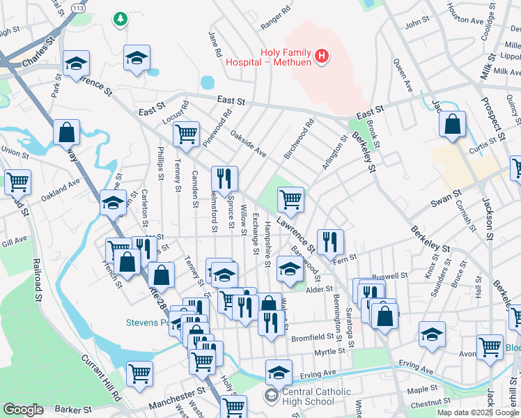 map of restaurants, bars, coffee shops, grocery stores, and more near 360 Lawrence Street in Methuen