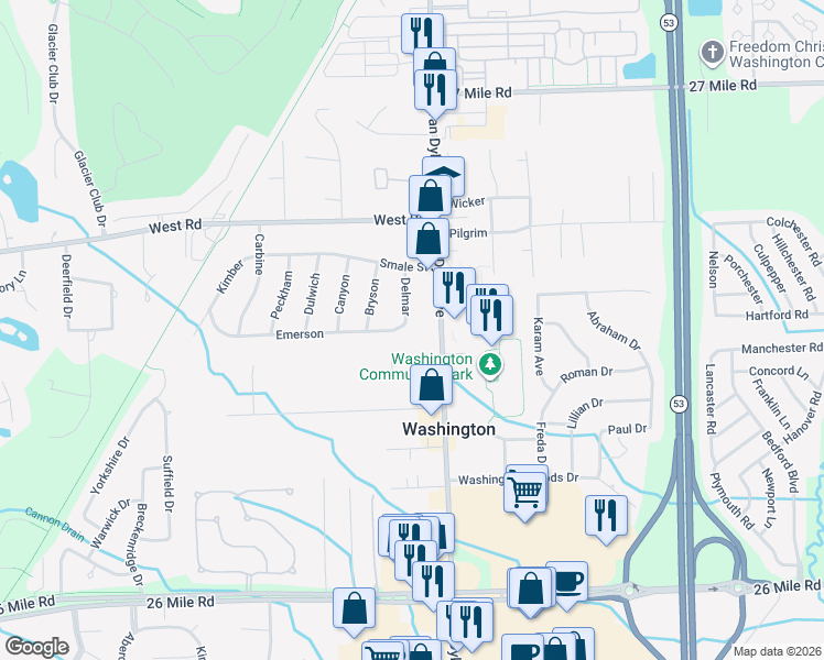 map of restaurants, bars, coffee shops, grocery stores, and more near 7680 Emerson in Washington