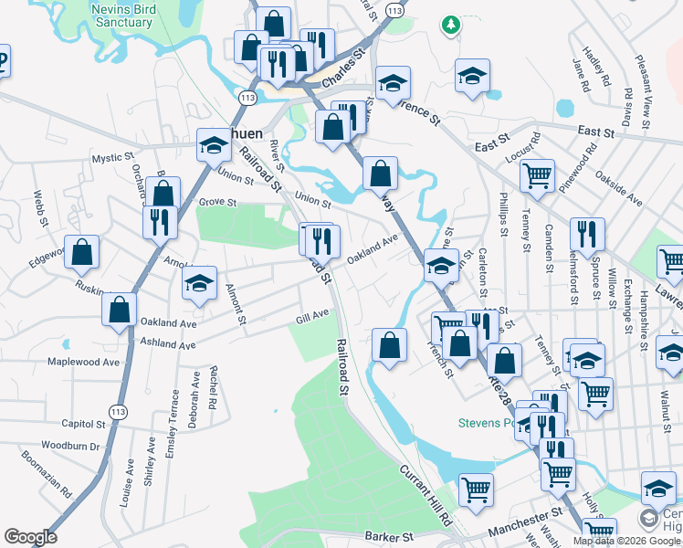 map of restaurants, bars, coffee shops, grocery stores, and more near 4 Granite Street in Methuen