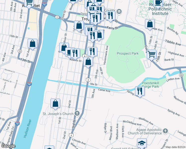 map of restaurants, bars, coffee shops, grocery stores, and more near 105 Jefferson Street in Troy