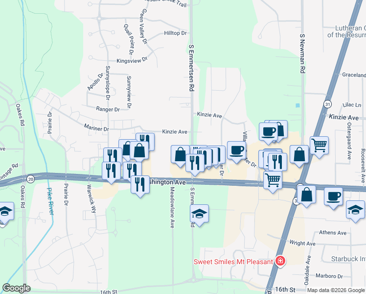 map of restaurants, bars, coffee shops, grocery stores, and more near 1008 S Emmertsen Rd in Racine