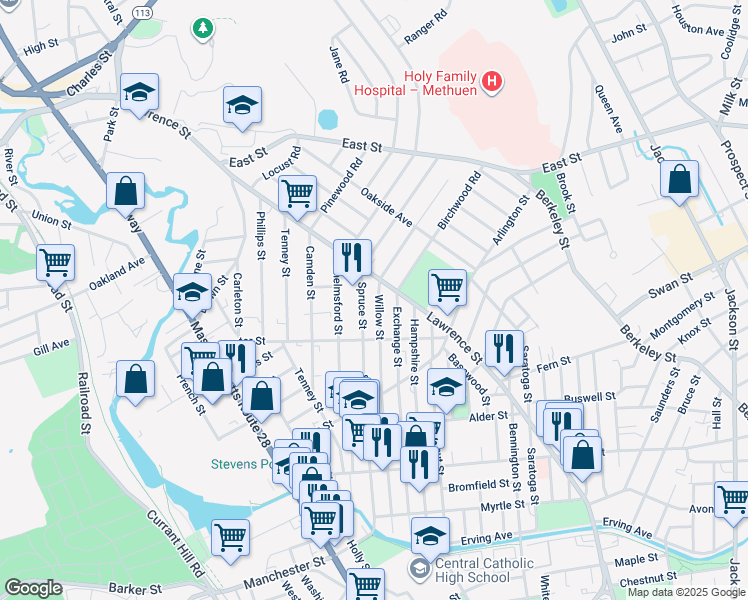map of restaurants, bars, coffee shops, grocery stores, and more near 10 Willow Street in Methuen