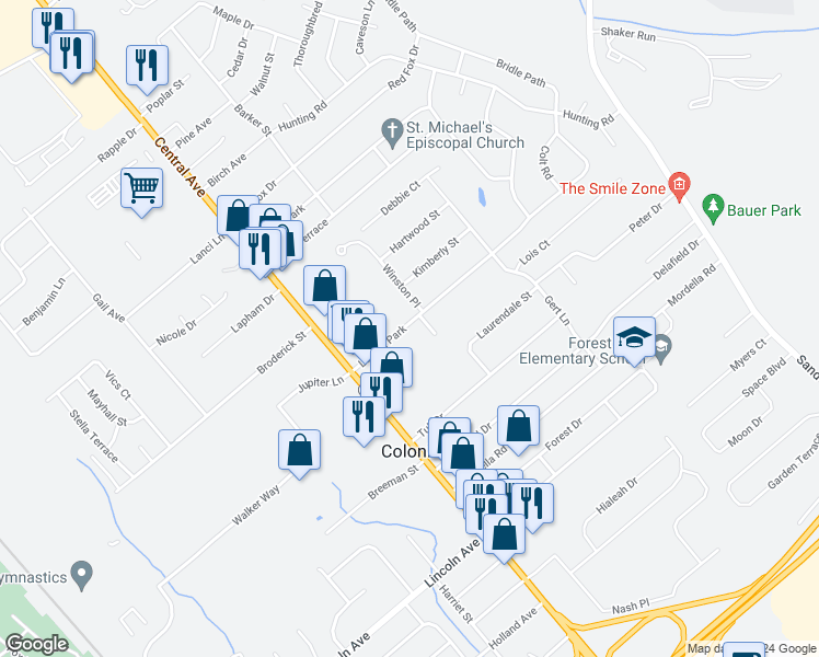 map of restaurants, bars, coffee shops, grocery stores, and more near 27 Locust Park in Colonie