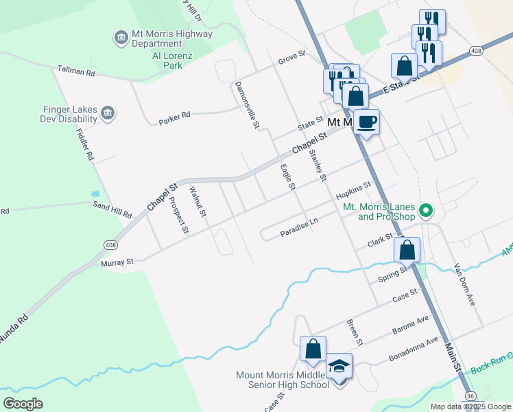 map of restaurants, bars, coffee shops, grocery stores, and more near 68 Murray Street in Mount Morris