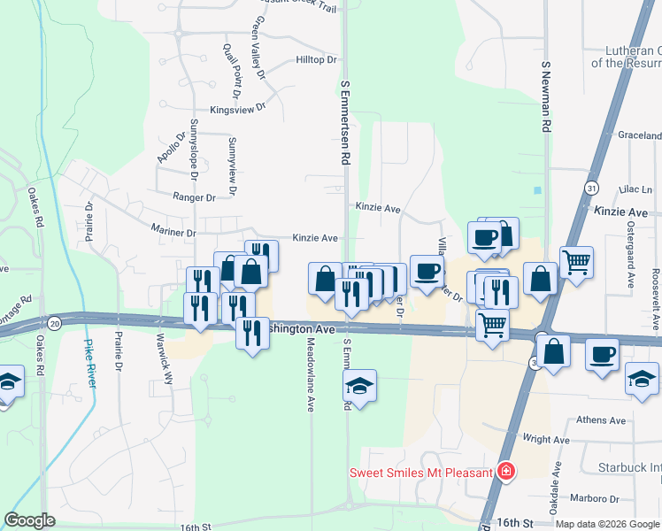 map of restaurants, bars, coffee shops, grocery stores, and more near 1008 South Emmertsen Road in Mount Pleasant