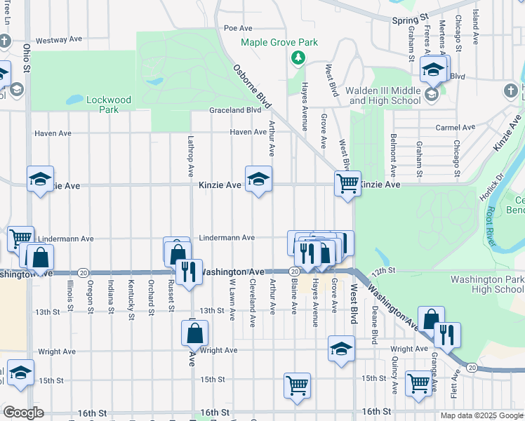 map of restaurants, bars, coffee shops, grocery stores, and more near 3501 Kinzie Avenue in Racine
