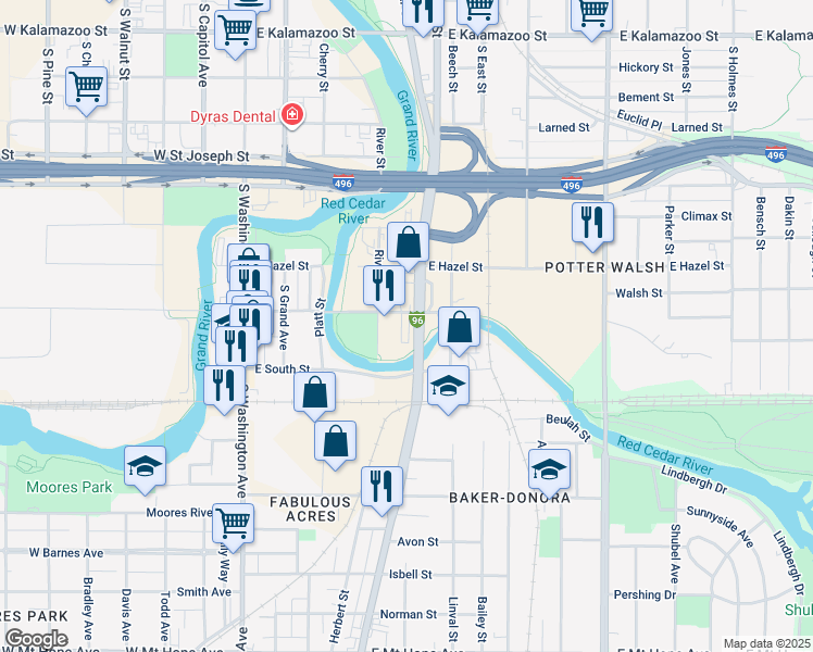map of restaurants, bars, coffee shops, grocery stores, and more near 420 East Elm Street in Lansing