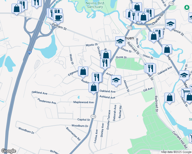 map of restaurants, bars, coffee shops, grocery stores, and more near 3 Field Avenue in Methuen
