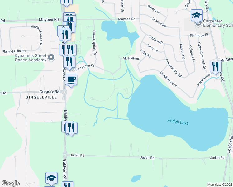 map of restaurants, bars, coffee shops, grocery stores, and more near 3088 Hidden Timber Drive in Orion charter Township
