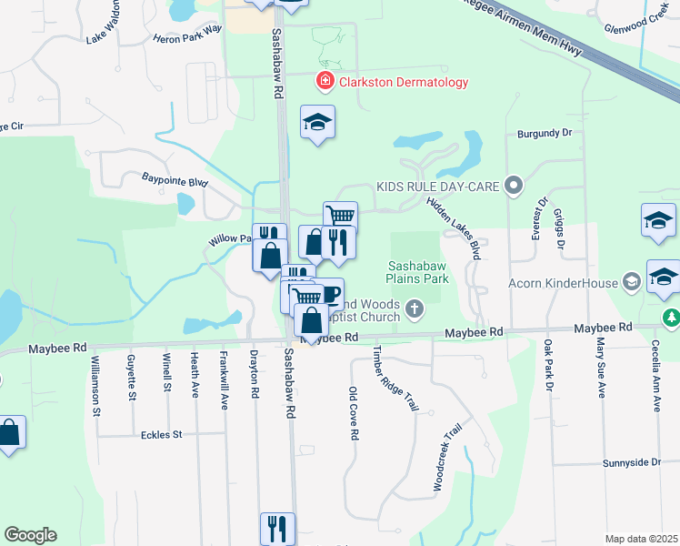 map of restaurants, bars, coffee shops, grocery stores, and more near 5850 Sashabaw Road in Clarkston