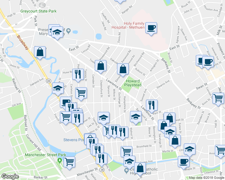map of restaurants, bars, coffee shops, grocery stores, and more near 10 Willow Street in Methuen