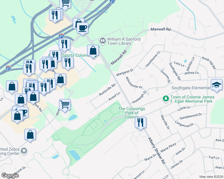 map of restaurants, bars, coffee shops, grocery stores, and more near 3 Rustyville Road in Albany