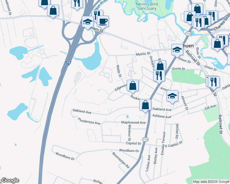 map of restaurants, bars, coffee shops, grocery stores, and more near 102 Edgewood Avenue in Methuen