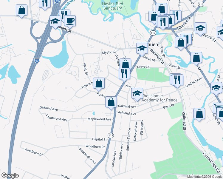 map of restaurants, bars, coffee shops, grocery stores, and more near 3 Field Avenue in Methuen