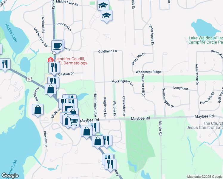 map of restaurants, bars, coffee shops, grocery stores, and more near 5703 Warbler Drive in Clarkston