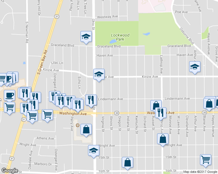map of restaurants, bars, coffee shops, grocery stores, and more near 934 Illinois Street in Racine