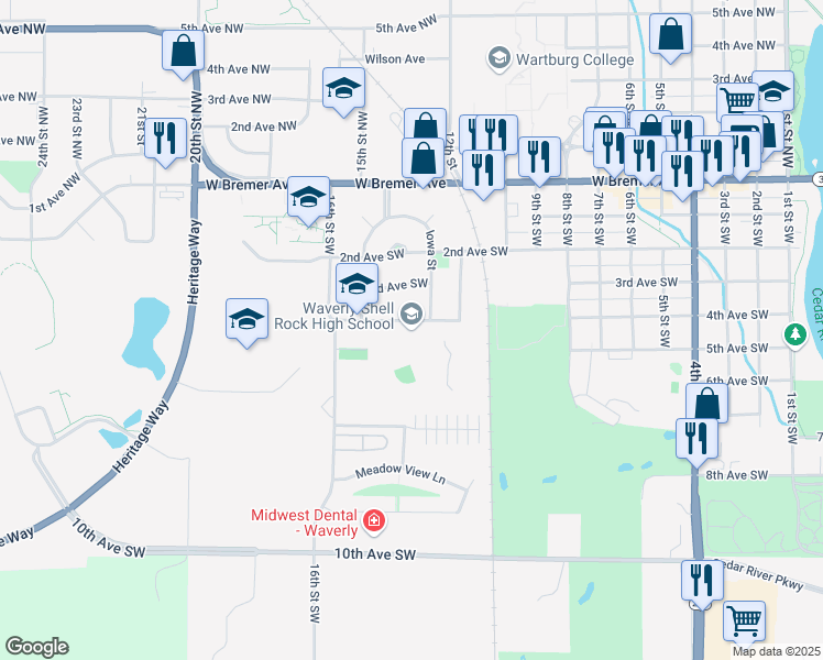 map of restaurants, bars, coffee shops, grocery stores, and more near 1405 4th Avenue Southwest in Waverly