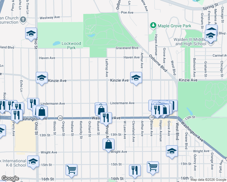 map of restaurants, bars, coffee shops, grocery stores, and more near 936 Monroe Ave in Racine