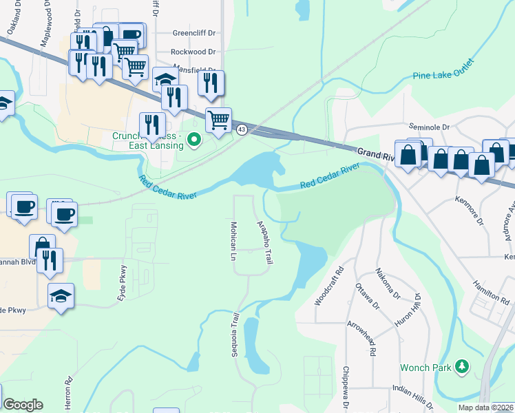 map of restaurants, bars, coffee shops, grocery stores, and more near 4830 Arapaho Trail in Meridian charter Township