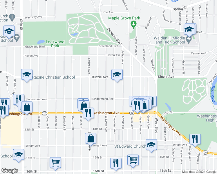 map of restaurants, bars, coffee shops, grocery stores, and more near 937 West Lawn Avenue in Racine