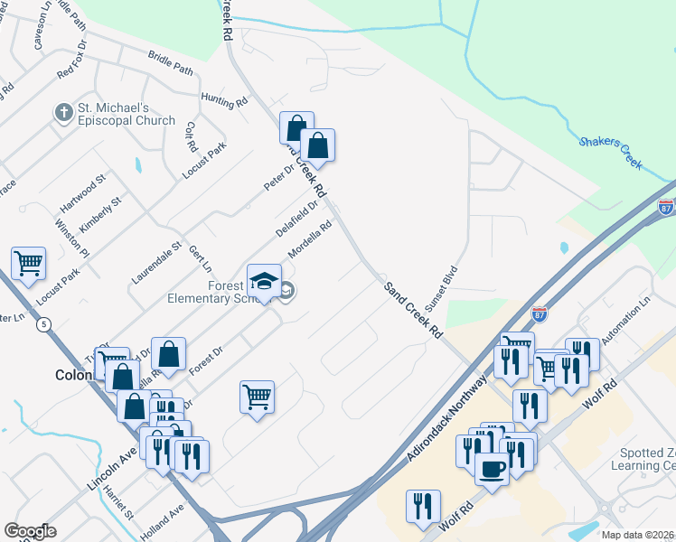 map of restaurants, bars, coffee shops, grocery stores, and more near 5 Terry Court in Colonie