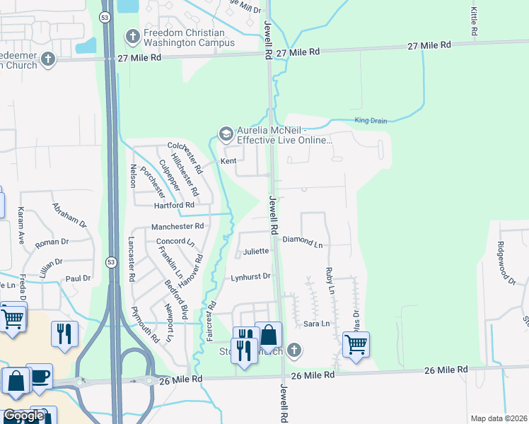 map of restaurants, bars, coffee shops, grocery stores, and more near 58001 Jewell Road in Washington