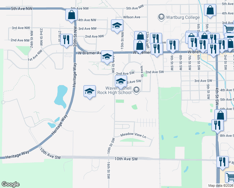 map of restaurants, bars, coffee shops, grocery stores, and more near 1415 4th Avenue Southwest in Waverly