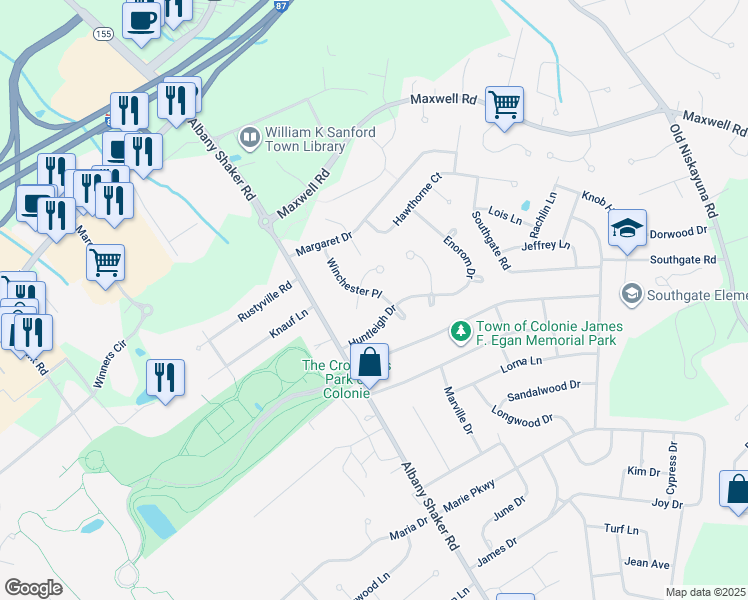 map of restaurants, bars, coffee shops, grocery stores, and more near 17 Winchester Place in Albany