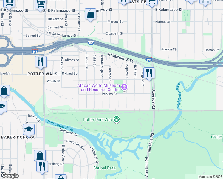 map of restaurants, bars, coffee shops, grocery stores, and more near 1133 Lathrop Street in Lansing
