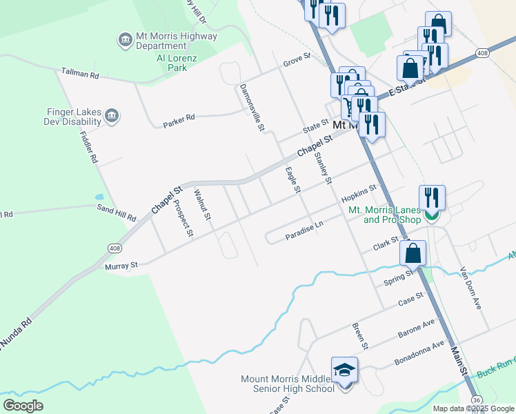 map of restaurants, bars, coffee shops, grocery stores, and more near 68 Murray Street in Mount Morris