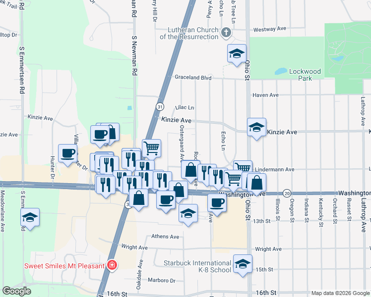 map of restaurants, bars, coffee shops, grocery stores, and more near 929 Ostergaard Avenue in Racine