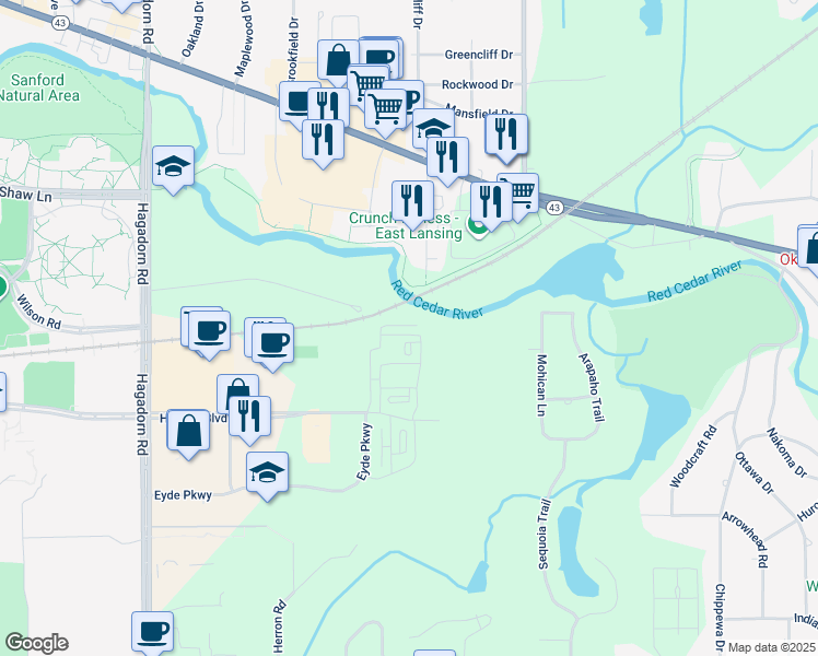 map of restaurants, bars, coffee shops, grocery stores, and more near 2700 Hannah Boulevard in East Lansing