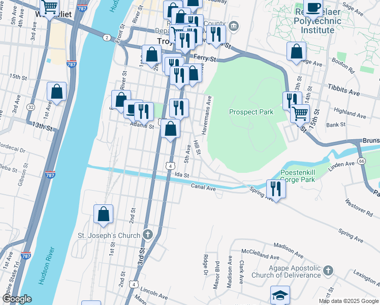 map of restaurants, bars, coffee shops, grocery stores, and more near 117 Hill Street in Troy