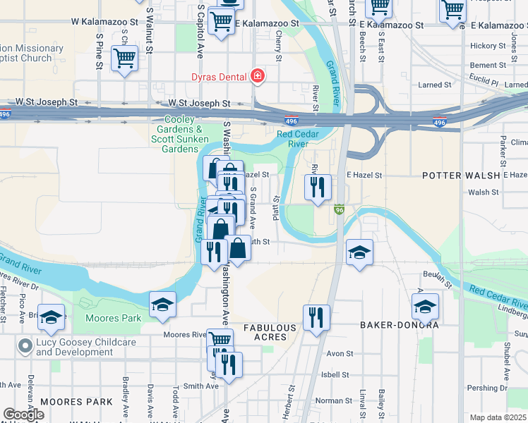 map of restaurants, bars, coffee shops, grocery stores, and more near 1105 South Grand Avenue in Lansing
