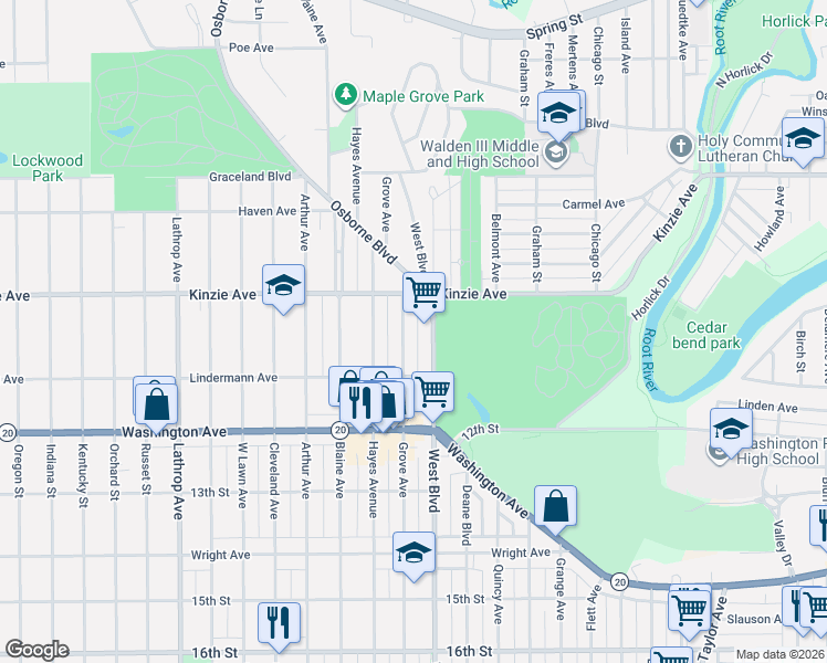 map of restaurants, bars, coffee shops, grocery stores, and more near 938 Grove Avenue in Racine