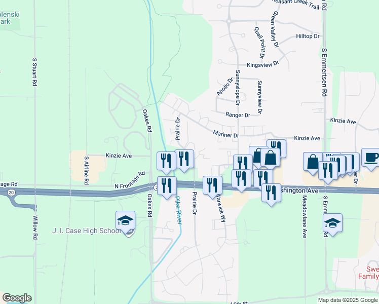 map of restaurants, bars, coffee shops, grocery stores, and more near 1111 Prairie Drive in Mount Pleasant