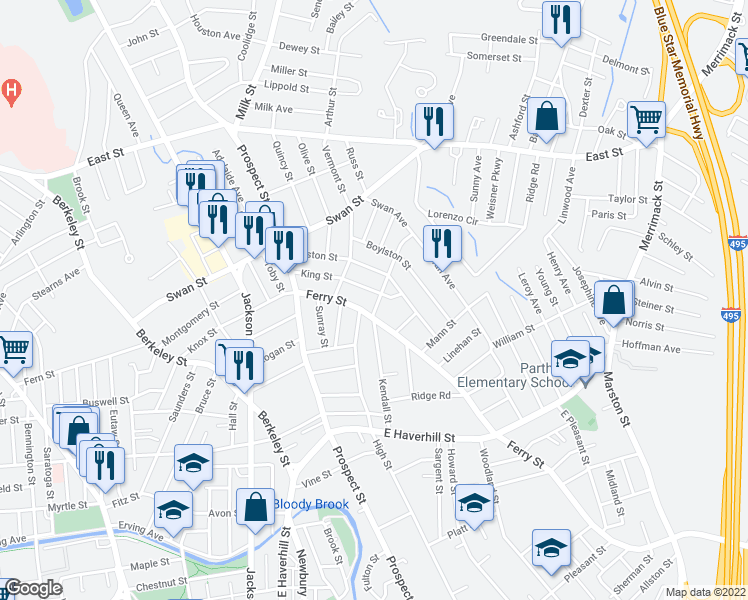 map of restaurants, bars, coffee shops, grocery stores, and more near 60 Kendall Street in Lawrence