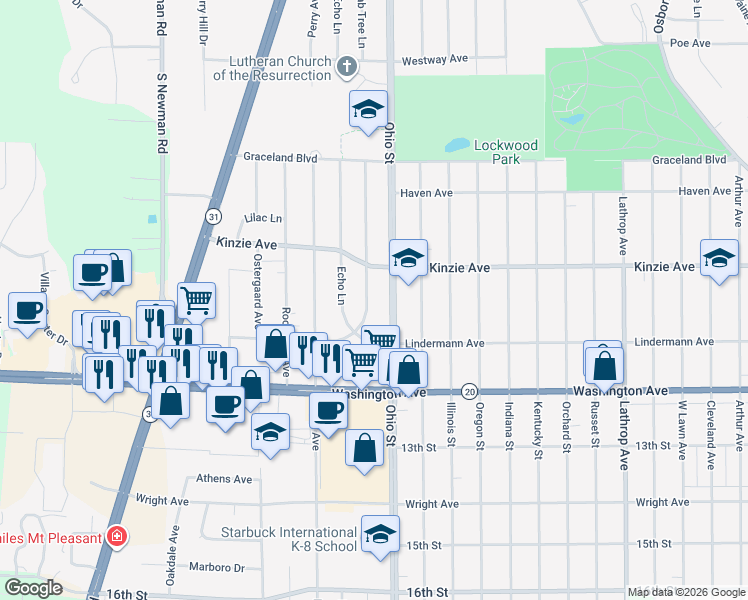 map of restaurants, bars, coffee shops, grocery stores, and more near 1003 Crab Tree Lane in Racine