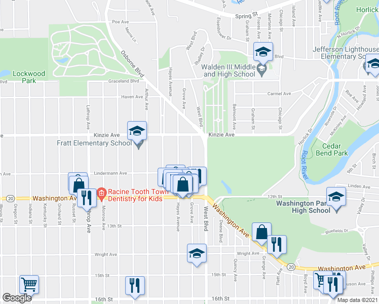 map of restaurants, bars, coffee shops, grocery stores, and more near 938 Grove Avenue in Racine
