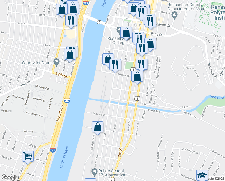 map of restaurants, bars, coffee shops, grocery stores, and more near 242 1st Street in Troy