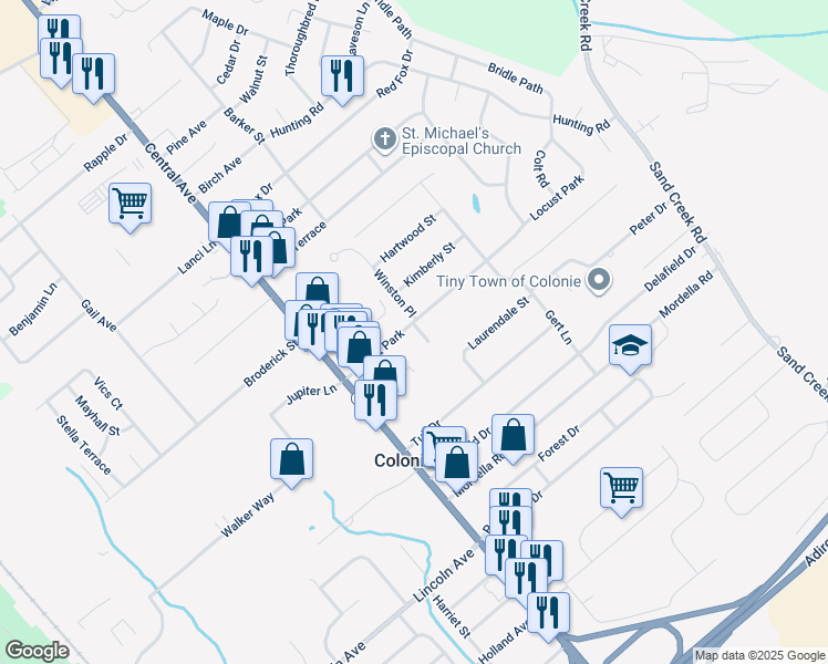 map of restaurants, bars, coffee shops, grocery stores, and more near 27 Locust Park in Colonie