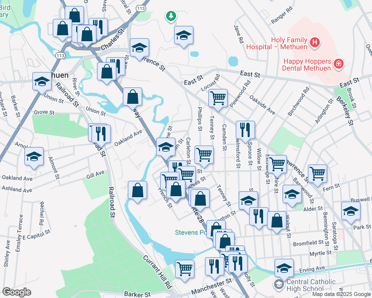 map of restaurants, bars, coffee shops, grocery stores, and more near 20 Carleton Street in Methuen