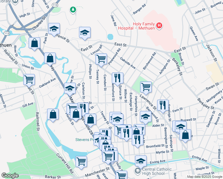 map of restaurants, bars, coffee shops, grocery stores, and more near 11 Ashton Place in Methuen