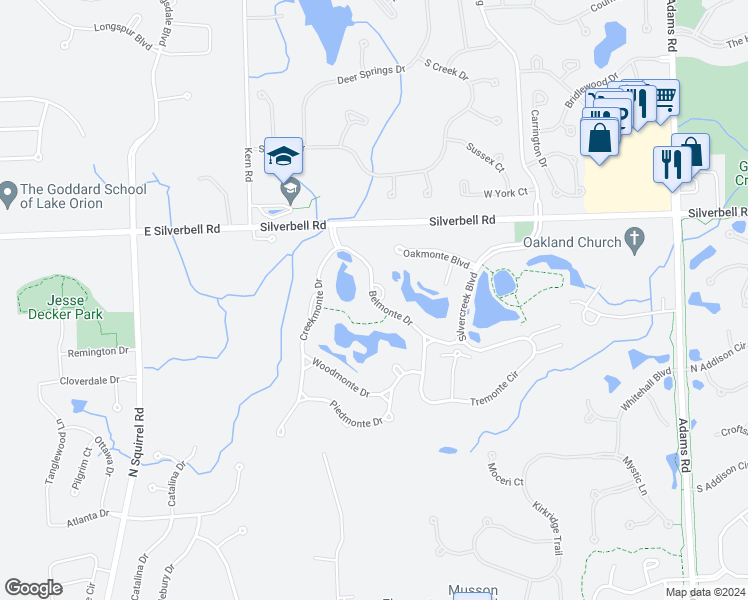 map of restaurants, bars, coffee shops, grocery stores, and more near 5179 Belmonte in Oakland charter Township