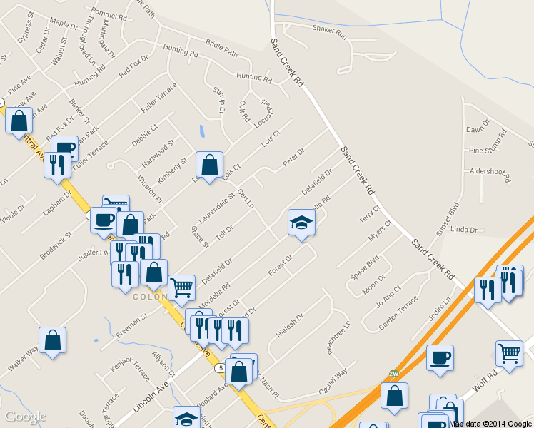 map of restaurants, bars, coffee shops, grocery stores, and more near 1A Gert Lane in Colonie