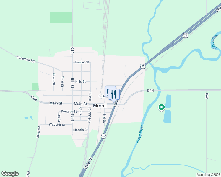 map of restaurants, bars, coffee shops, grocery stores, and more near 500-598 2nd Street in Merrill