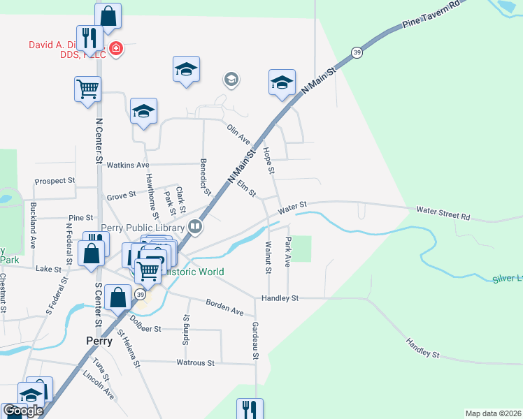 map of restaurants, bars, coffee shops, grocery stores, and more near 36 Elm Street in Perry