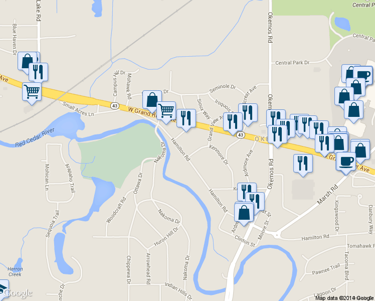 map of restaurants, bars, coffee shops, grocery stores, and more near 2294 Hamilton Road in Meridian Charter Township