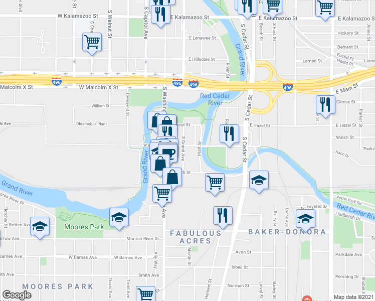 map of restaurants, bars, coffee shops, grocery stores, and more near 1105 South Grand Avenue in Lansing